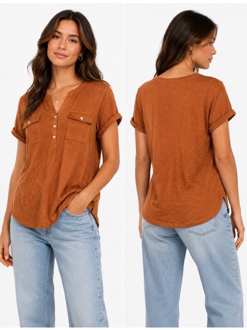 J. Jill Linen Blend Tunic Women Small Burnt Orange Button Henley Boho Top size L